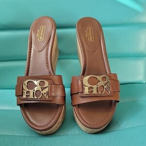 Coach Brown Leather Cork Wedge Slide Mules with Gold Logo